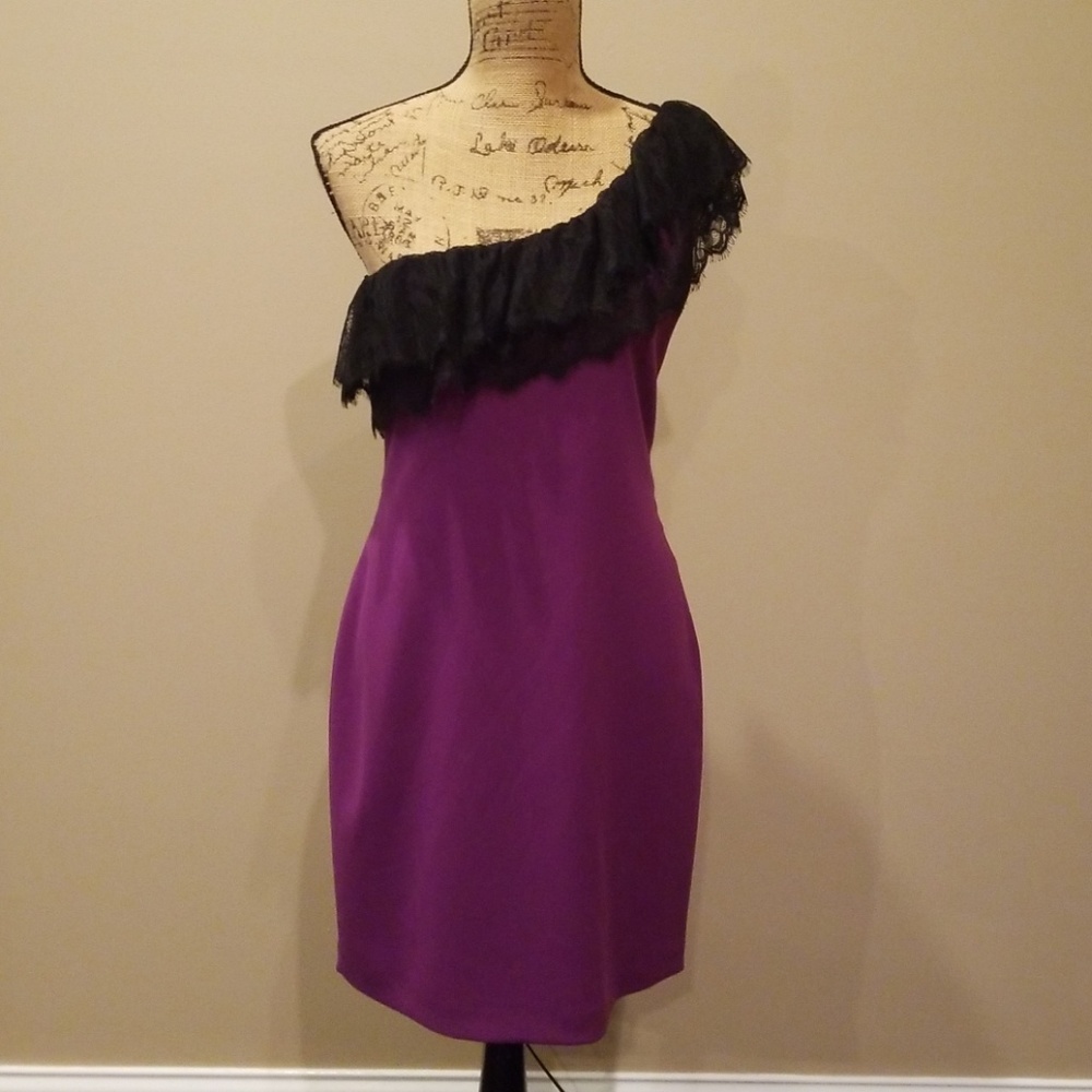 JayGodfrey purple black lace one shoulder Rk:7:119